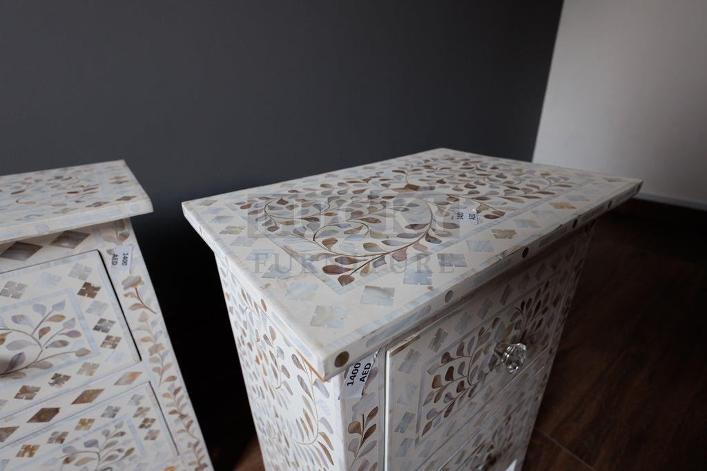 Mother of pearl inlay bedside side table white color