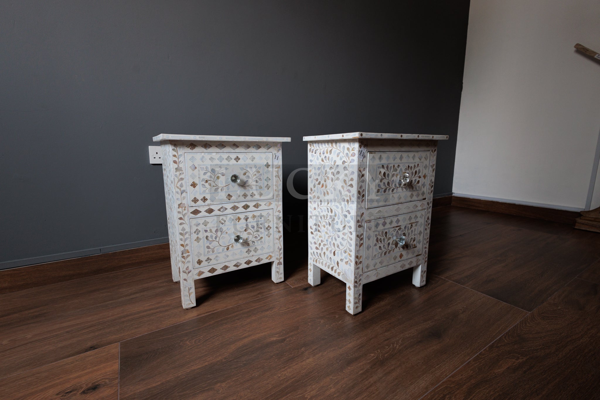 Mother of pearl inlay bedside side table white color