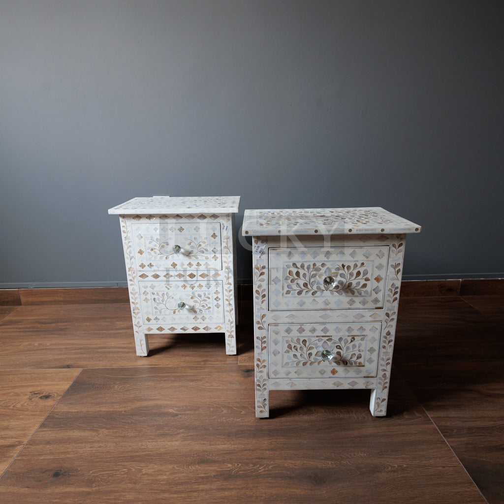 Mother of pearl inlay bedside side table white color