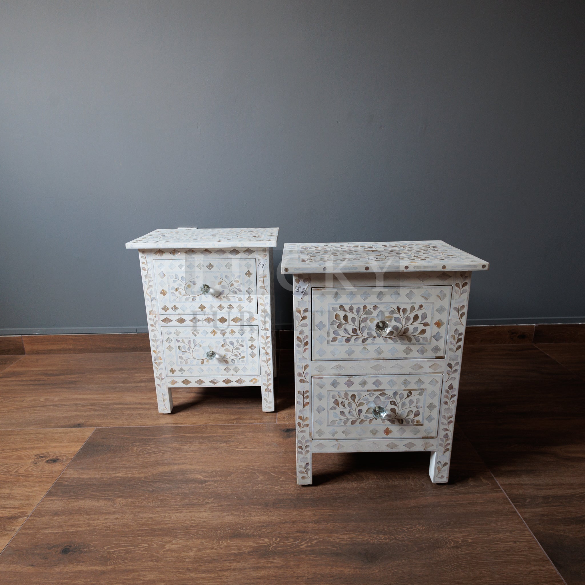 Mother of pearl inlay bedside side table white color