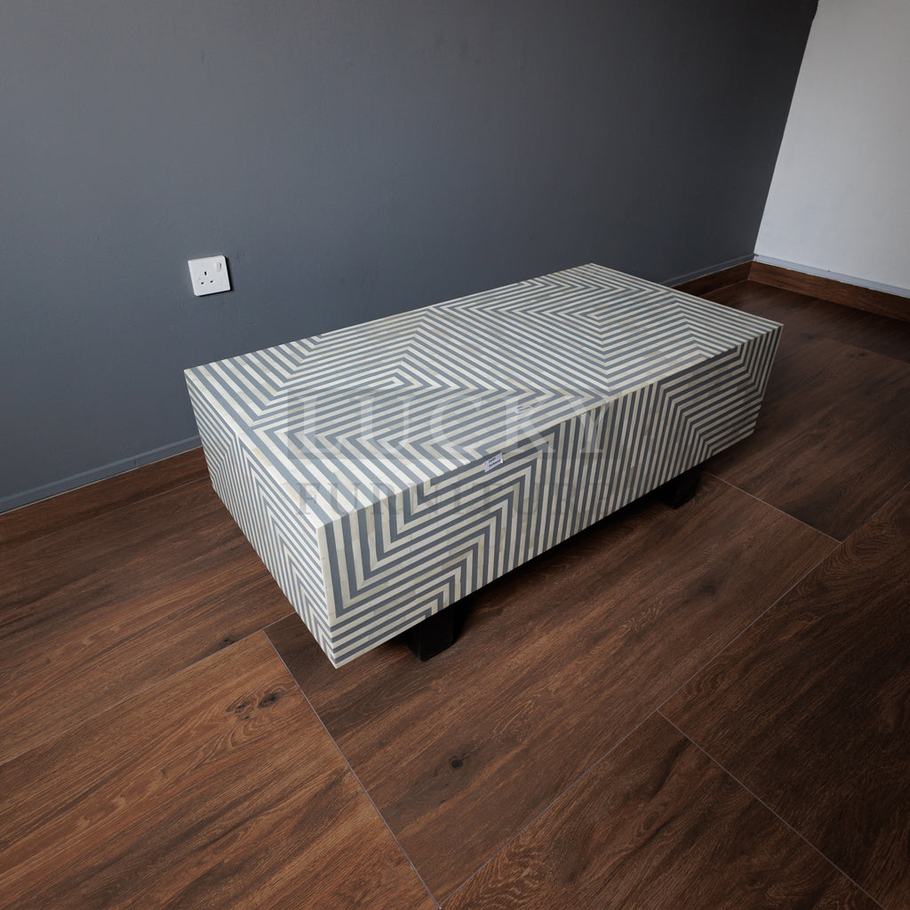 Grey and white lines design abstract coffee table bone inlay
