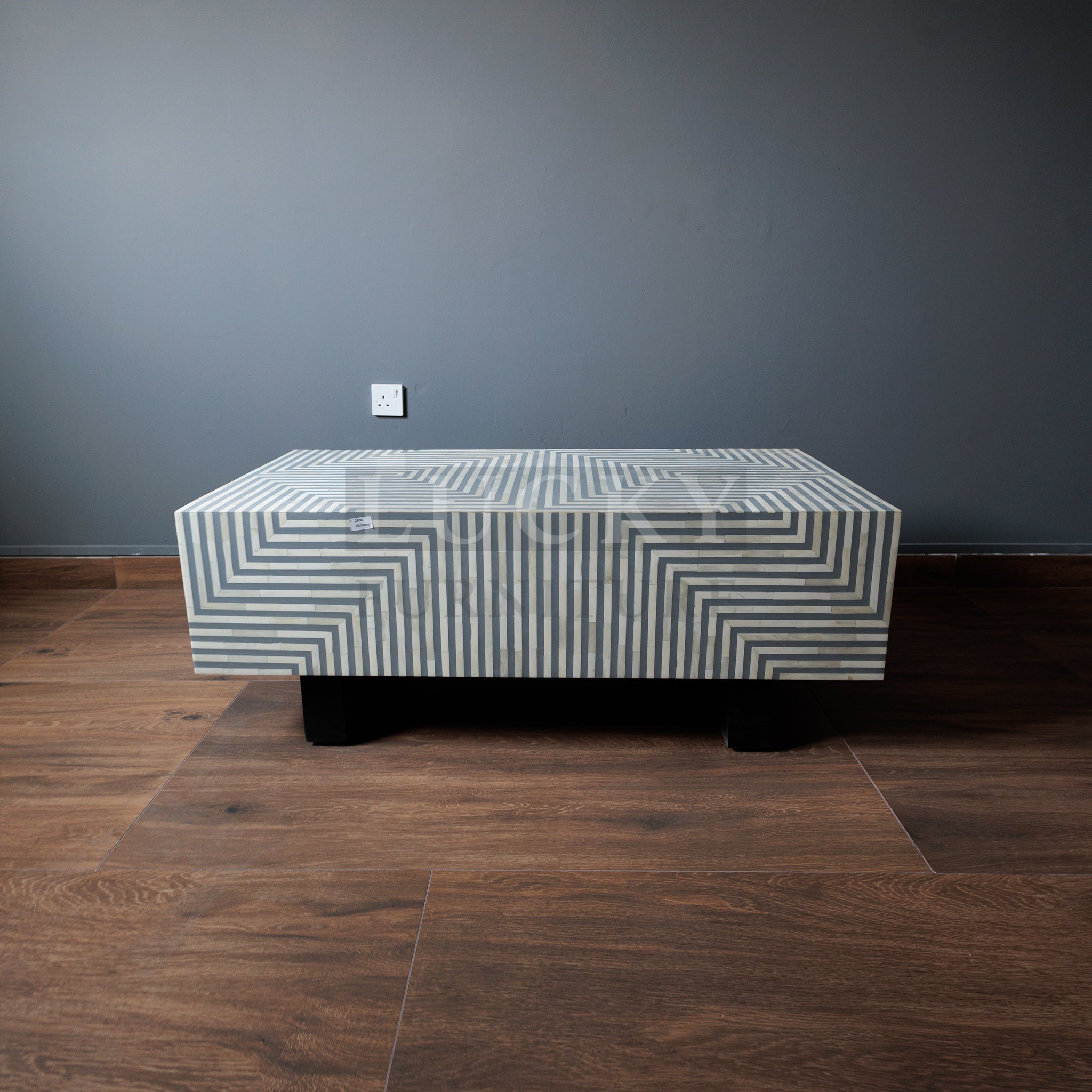 Grey and white lines design abstract coffee table bone inlay