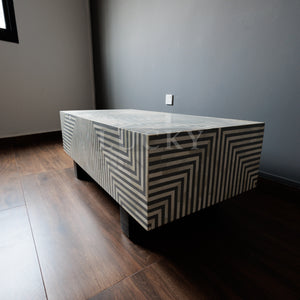 Grey and white lines design abstract coffee table bone inlay