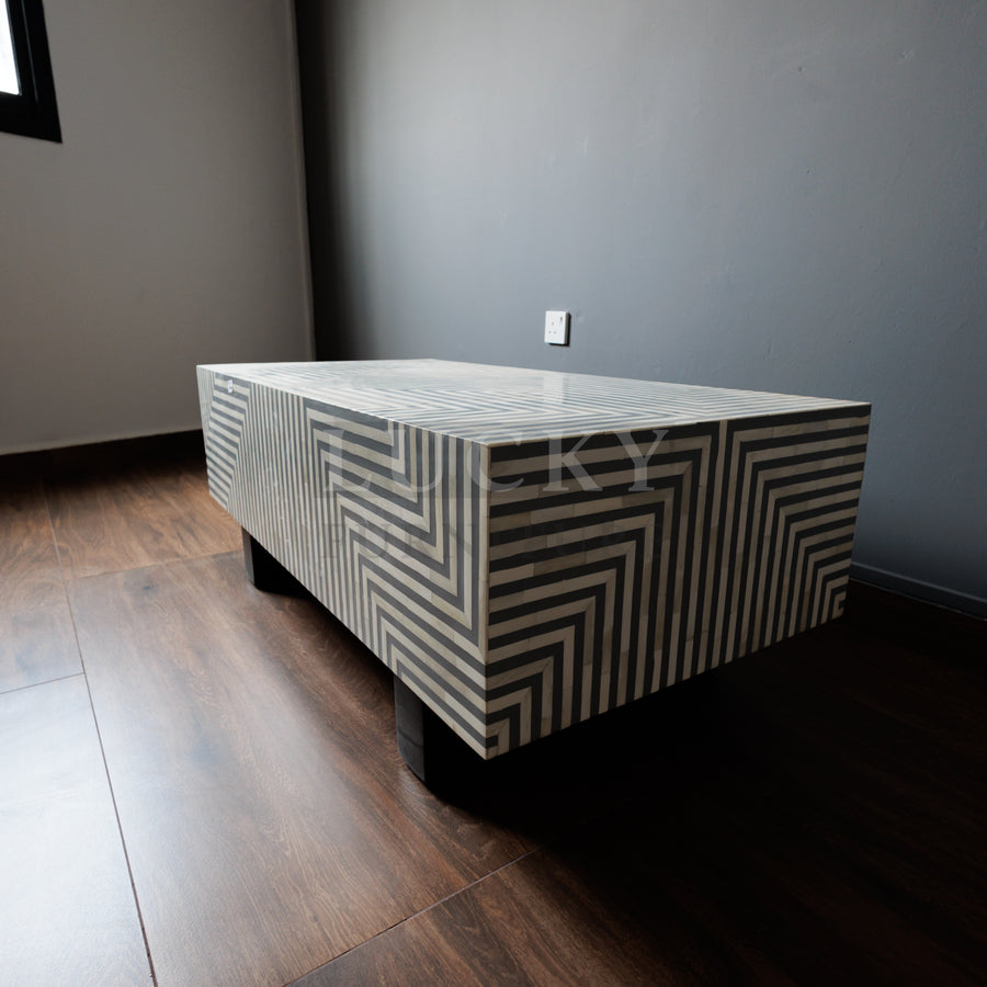 Grey and white lines design abstract coffee table bone inlay