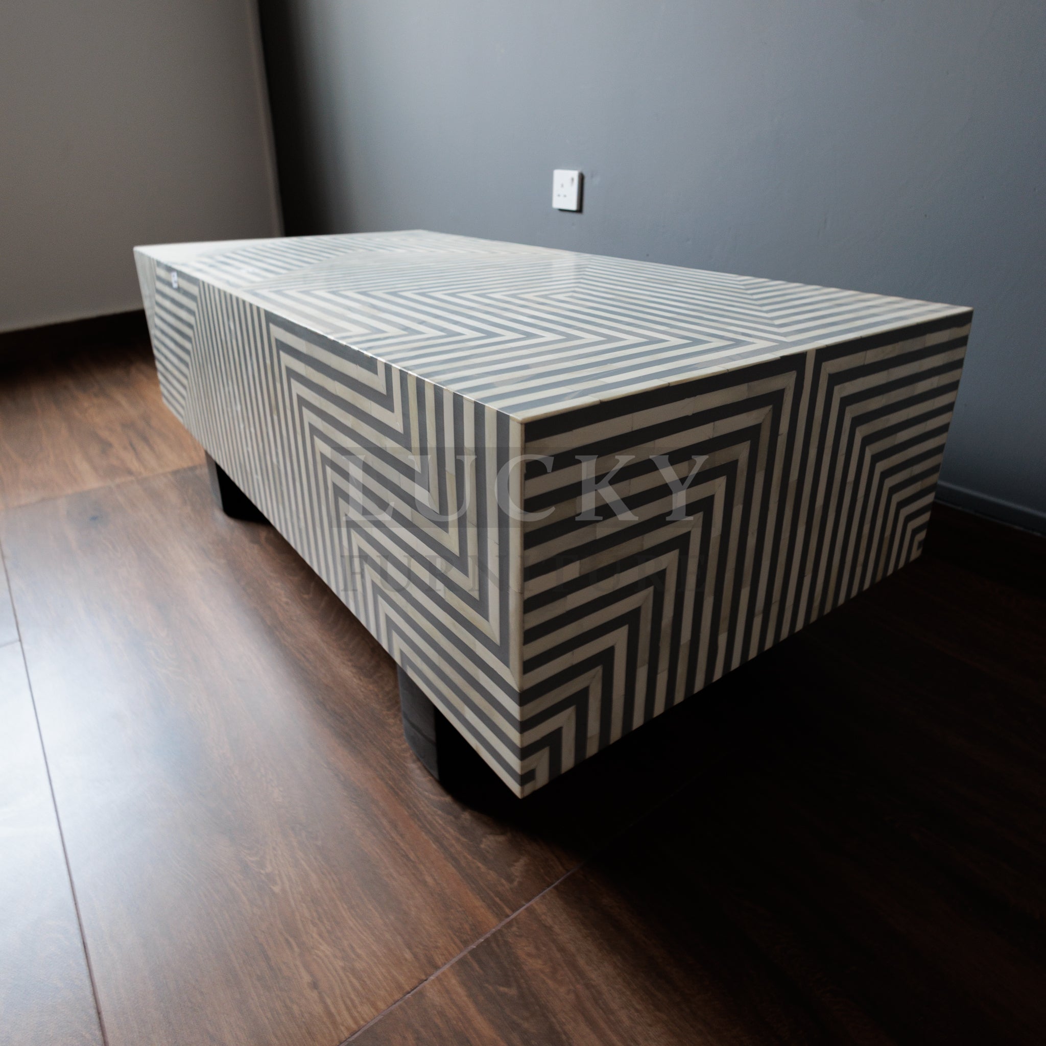 Grey and white lines design abstract coffee table bone inlay