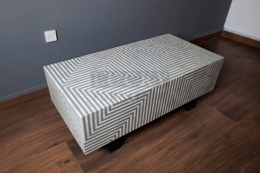 Grey and white lines design abstract coffee table bone inlay