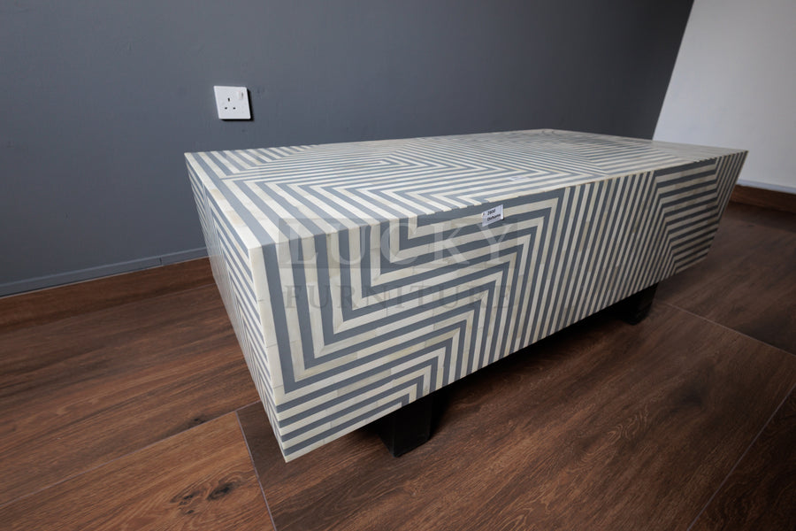 Grey and white lines design abstract coffee table bone inlay