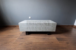 Grey and white lines design abstract coffee table bone inlay