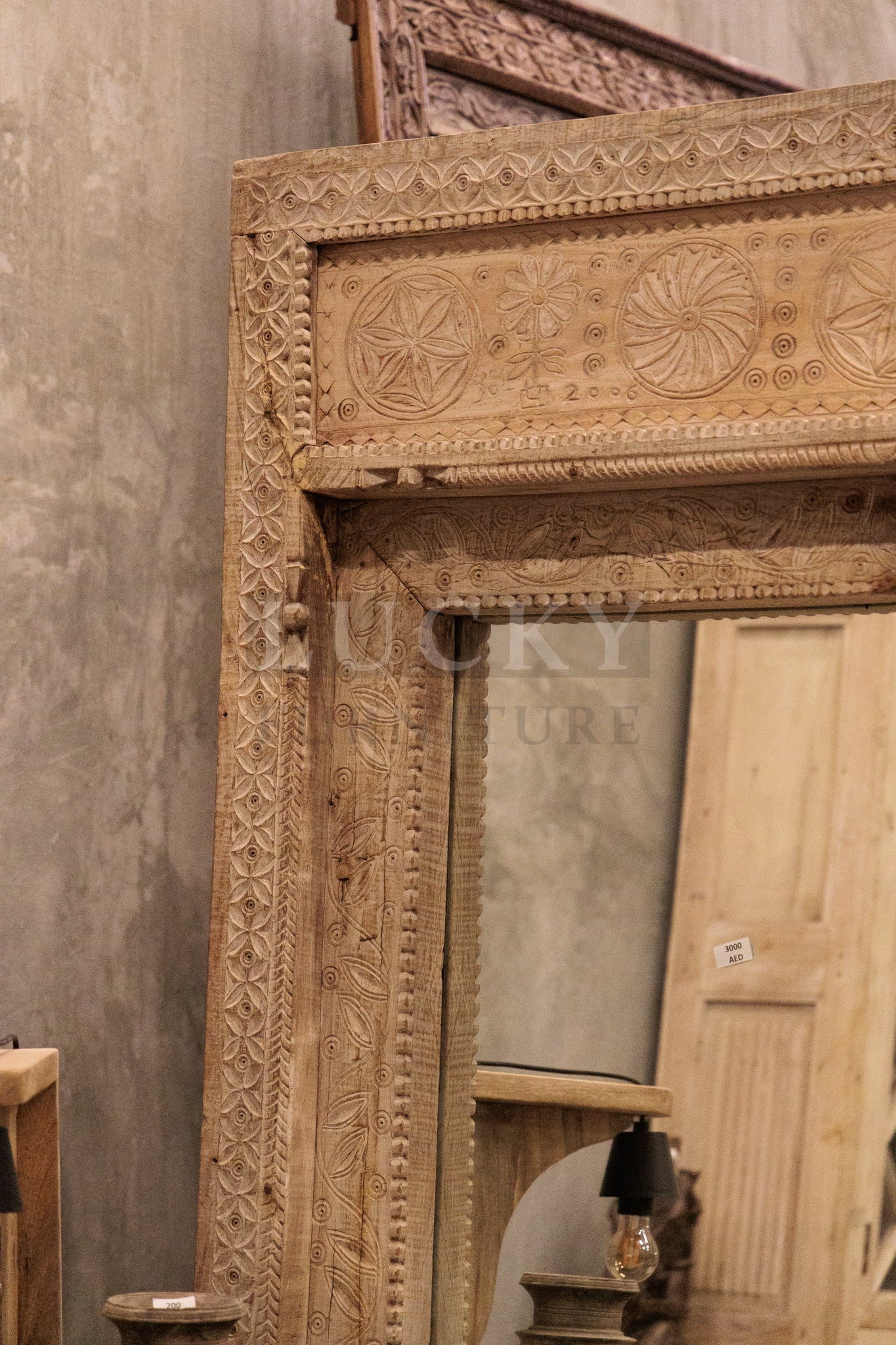 Bleached wood carved vintage door mirror frame