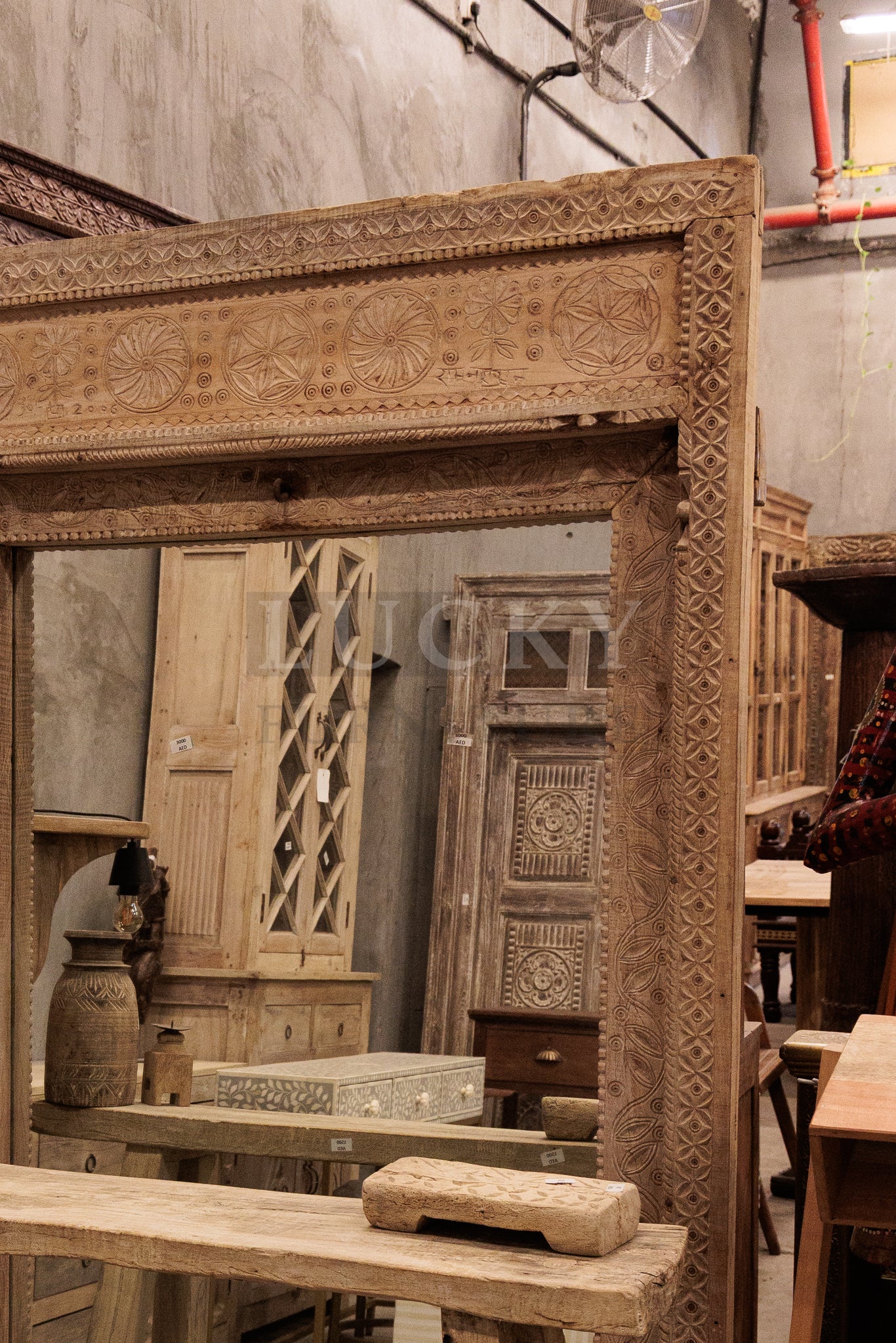 Bleached wood carved vintage door mirror frame