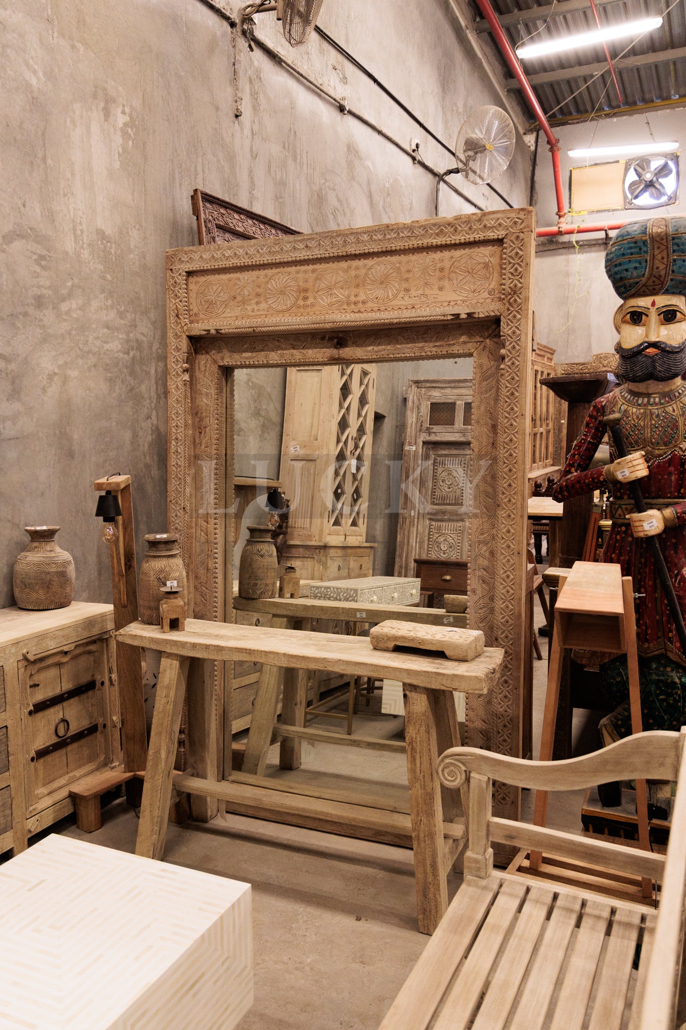 Bleached wood carved vintage door mirror frame