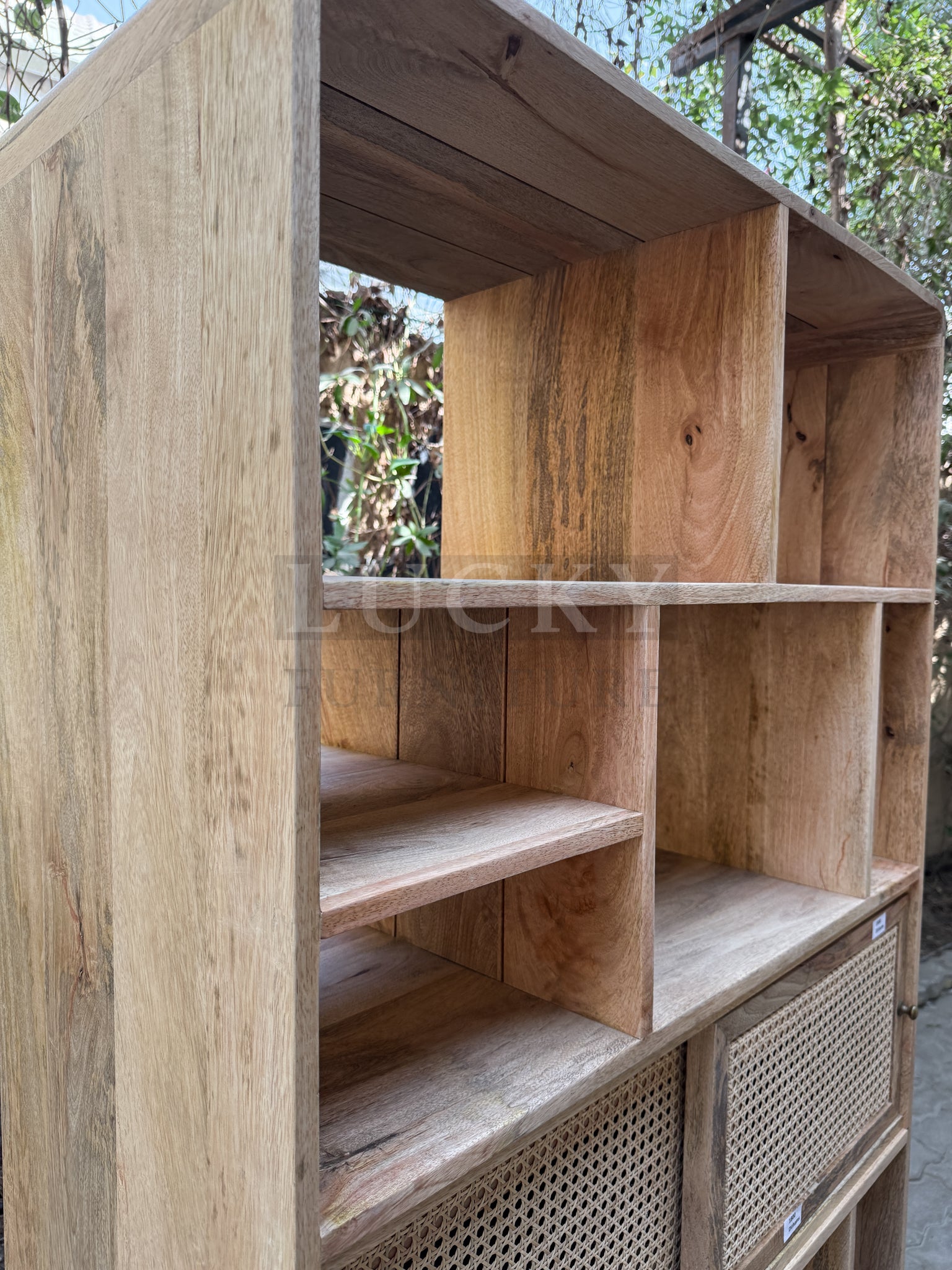 Rattan and mango wood bookshelf