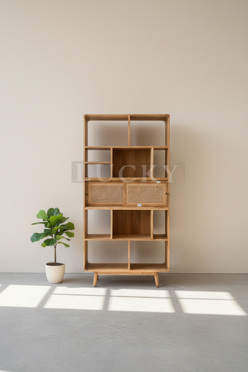Rattan and mango wood bookshelf