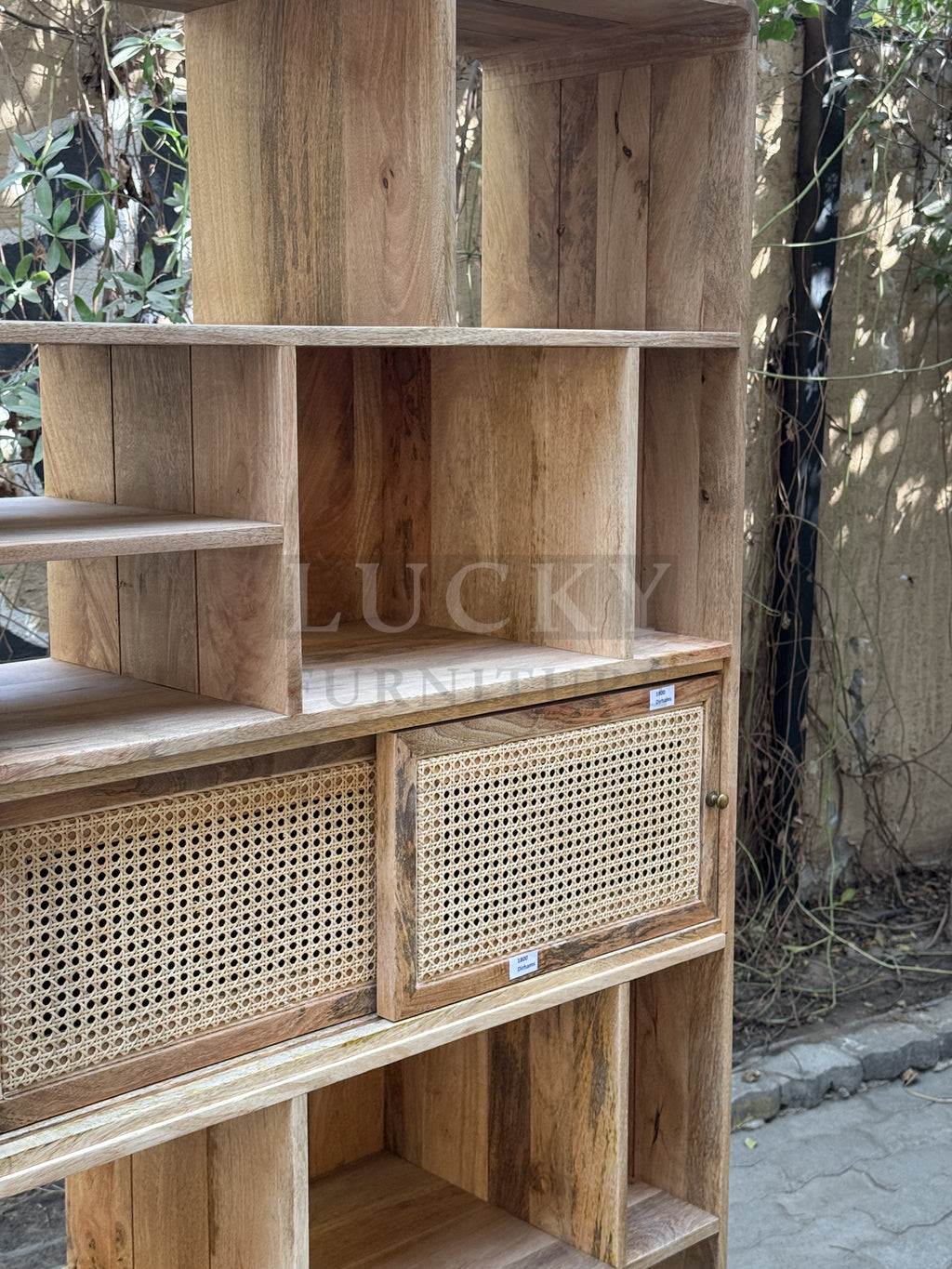 Rattan and mango wood bookshelf