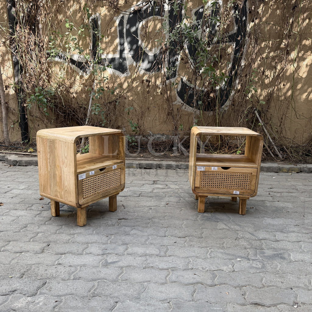 Rattan and mango wood bedside table