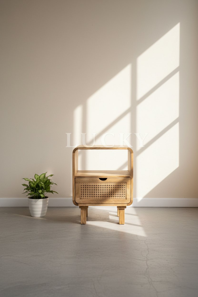 Rattan and mango wood bedside table