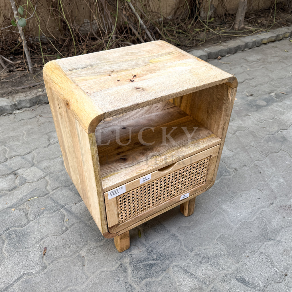 Rattan and mango wood bedside table