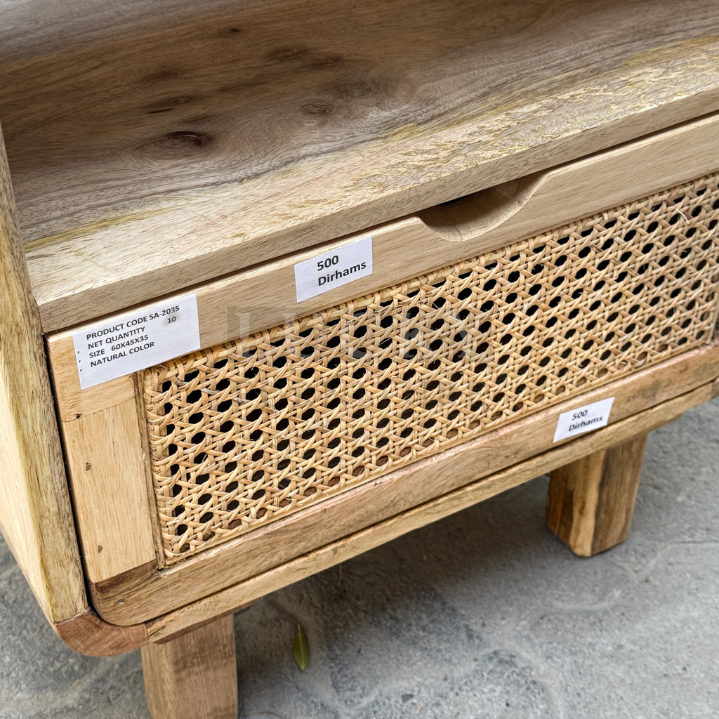 Rattan and mango wood bedside table