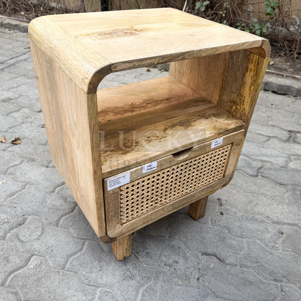 Rattan and mango wood bedside table