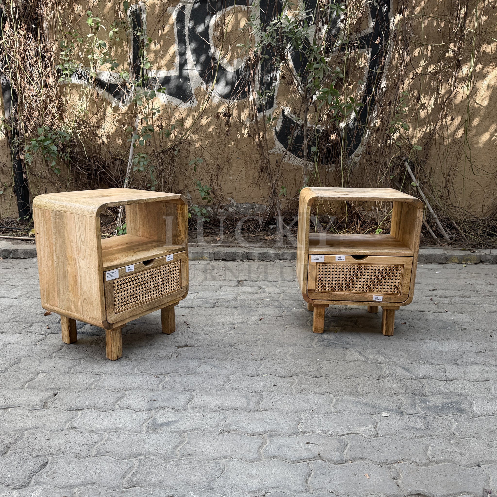 Rattan and mango wood bedside table