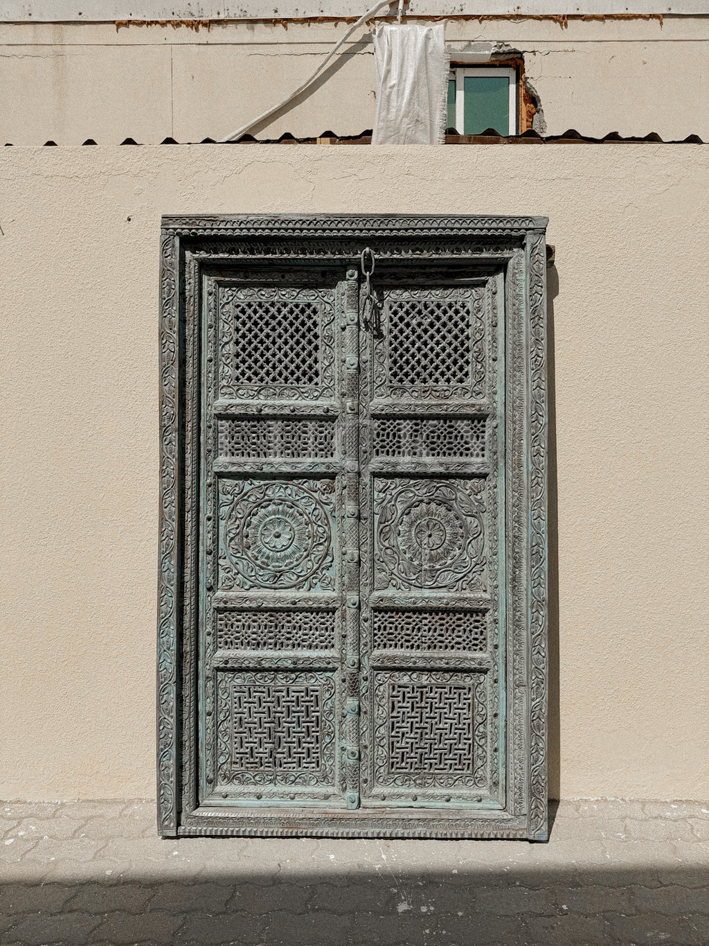Vibrant vintage blue carved panel