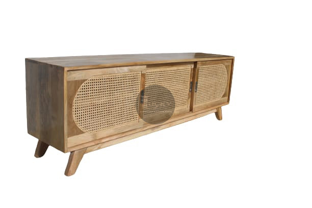 Rattan and Mango Wood Tv Stand Sliding Door.