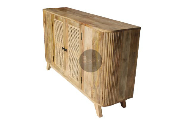 Rattan and Mango Wood Fluted Sideboard.
