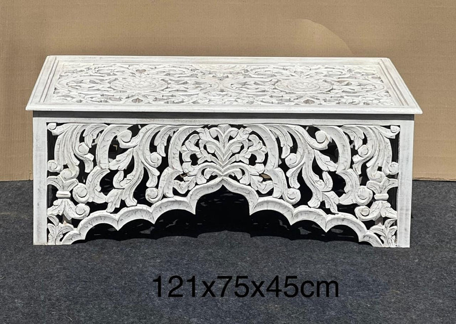 Carved glass top coffee table