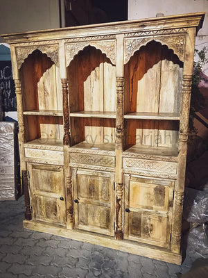 Carved Triple Mehrab Bookshelf with drawers and cabinet. | Lucky Furniture & Handicrafts.
