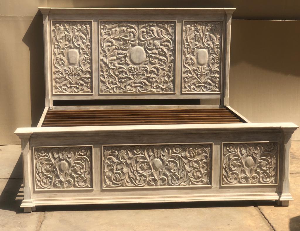 White Wash Carved Bed | Lucky Furniture & Handicrafts.