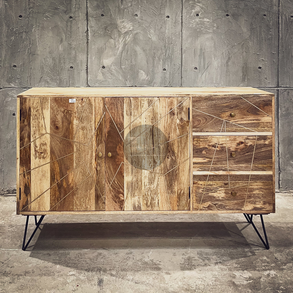 Mango wood and brass inlay sideboard 3 draw 2 door.