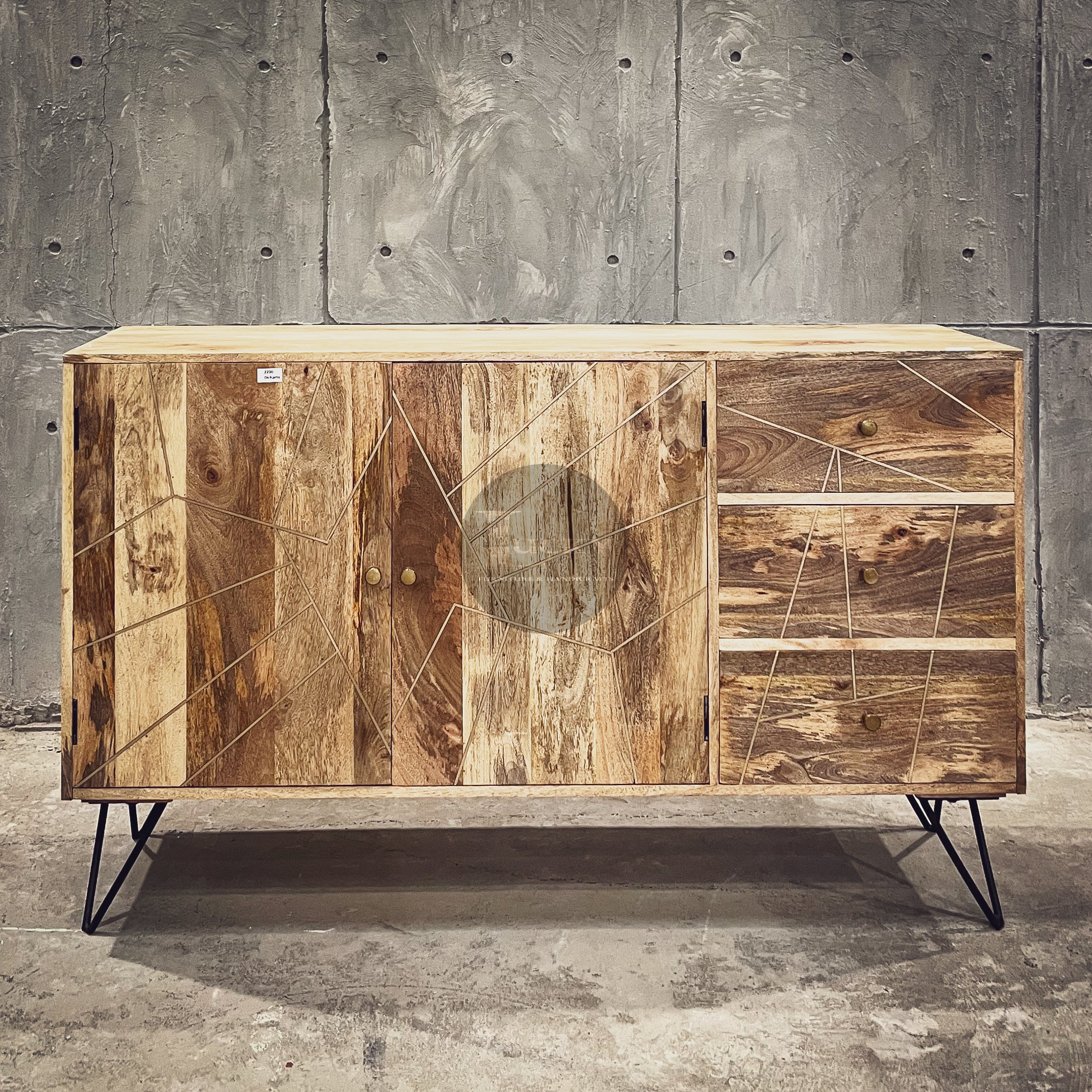 Mango wood and brass inlay sideboard 3 draw 2 door.