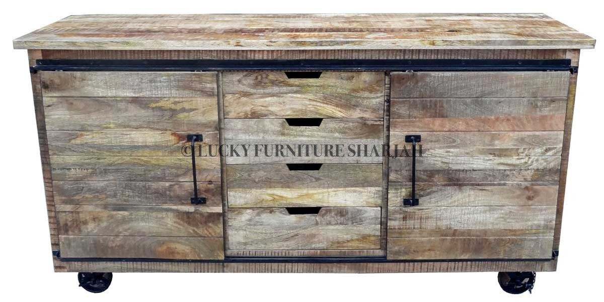 Mango Wood Industrial Sliding Door Sideboard with 4 Draw | Lucky Furniture & Handicrafts.