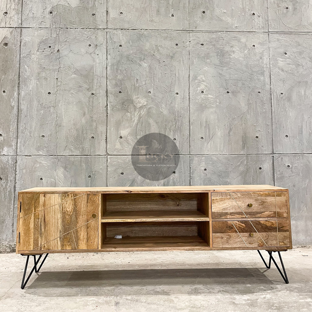 Mango wood and brass inlay tv stand 2 draw 1 door.