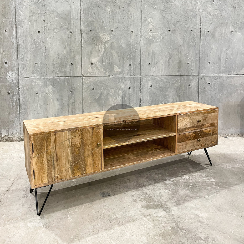 Mango wood and brass inlay tv stand 2 draw 1 door.