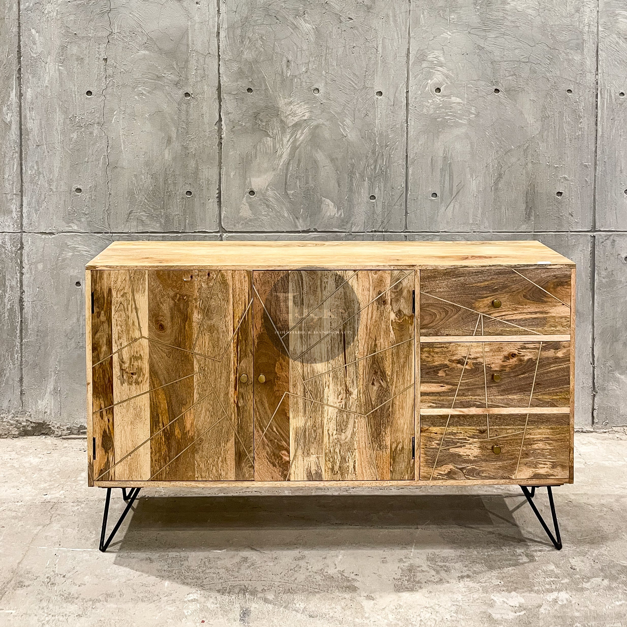 Mango wood and brass inlay sideboard 3 draw 2 door.