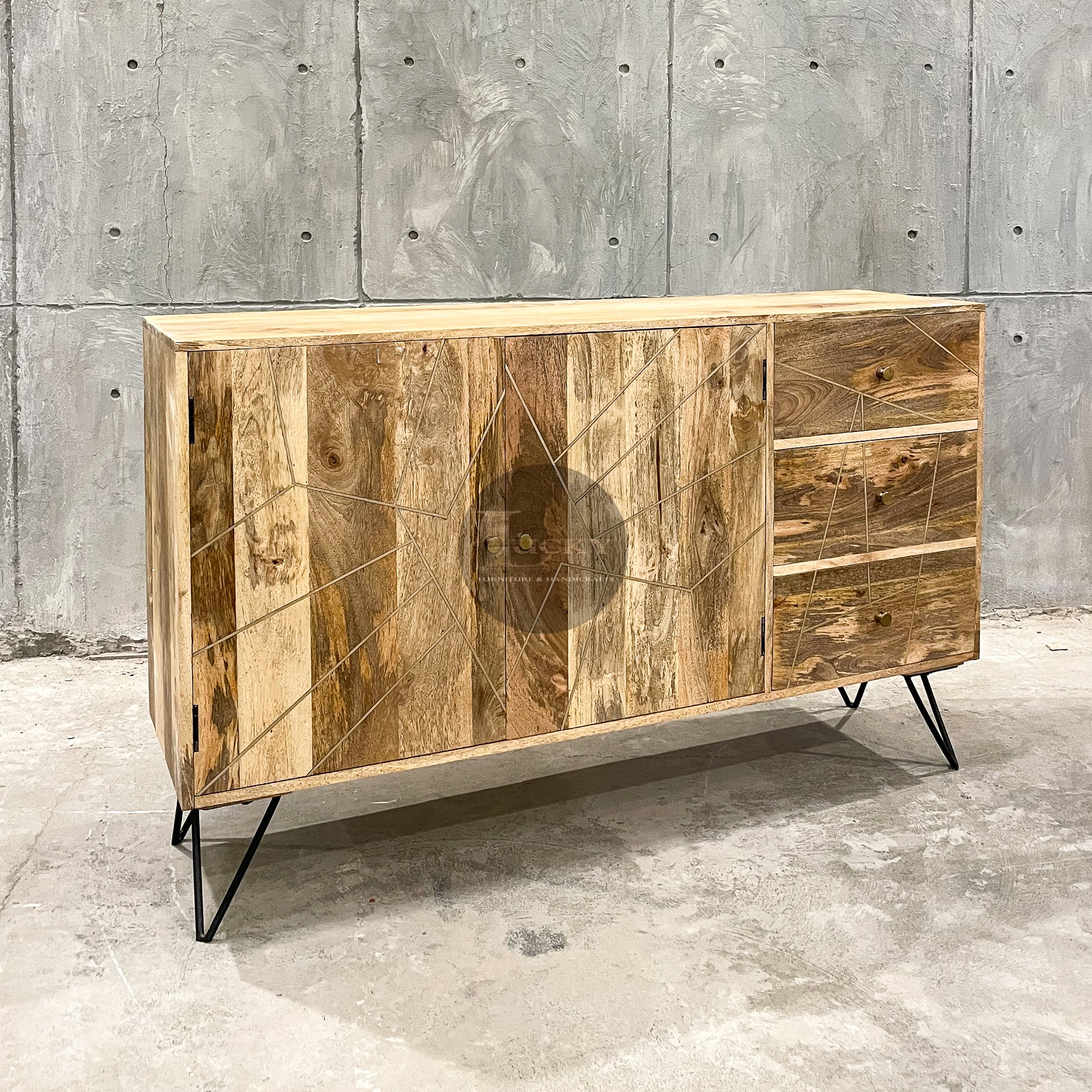 Mango wood and brass inlay sideboard 3 draw 2 door.