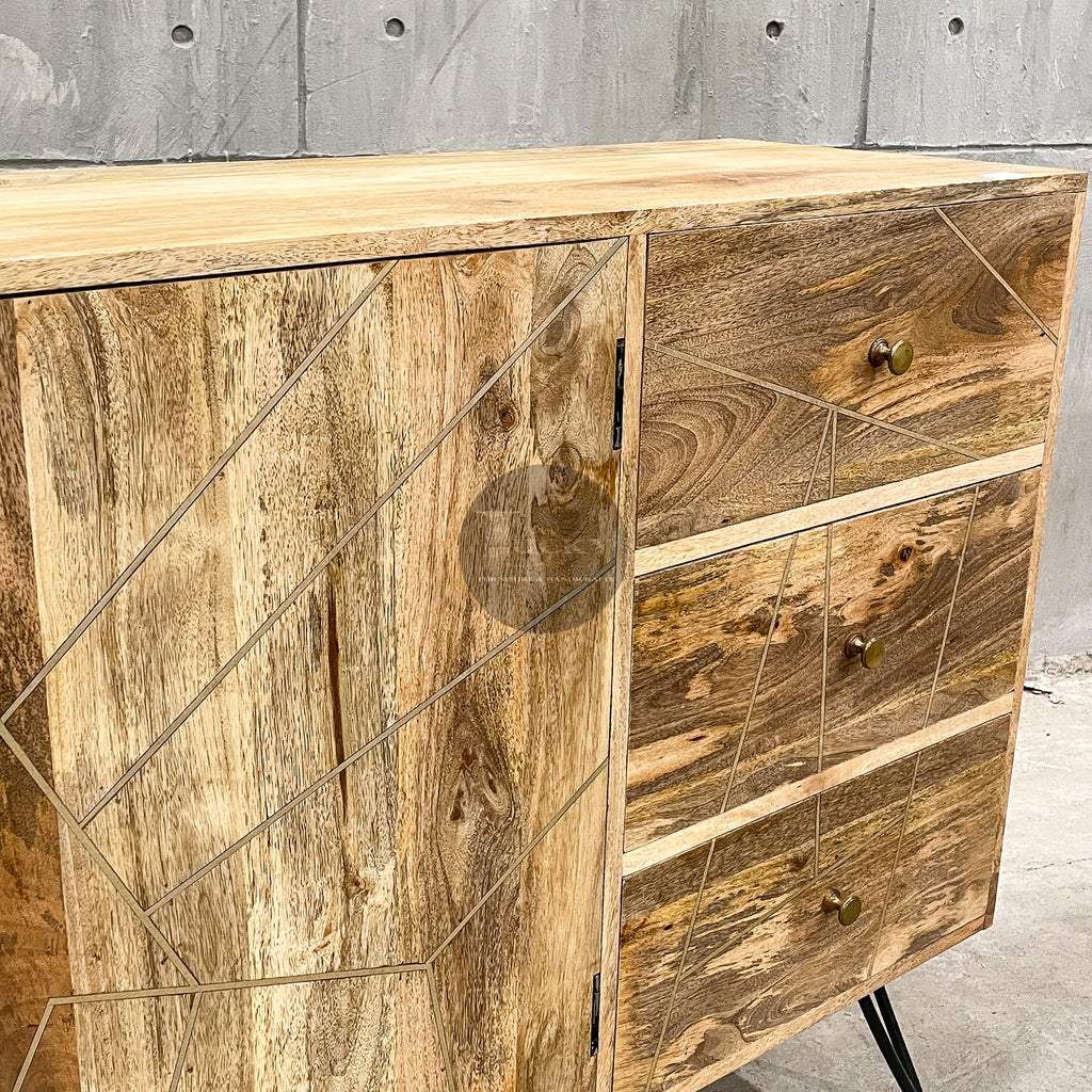 Mango wood and brass inlay sideboard 3 draw 2 door.