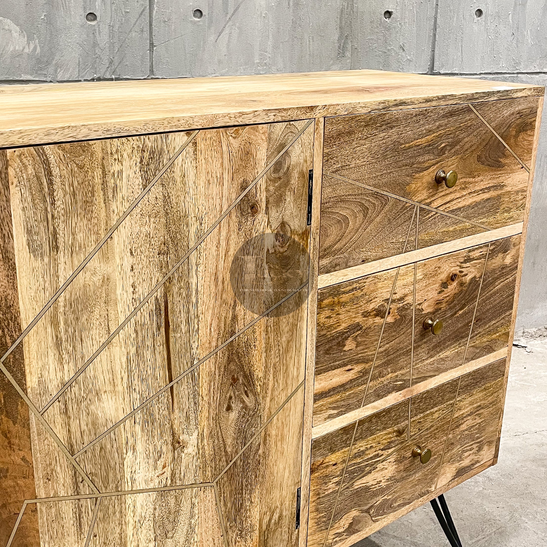 Mango wood and brass inlay sideboard 3 draw 2 door.