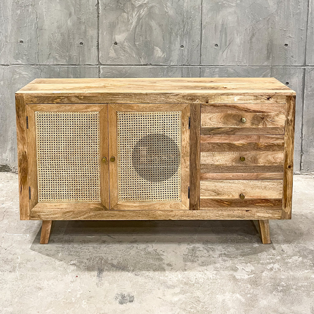 Rattan and mango wood sideboard 3 draw 2 door.