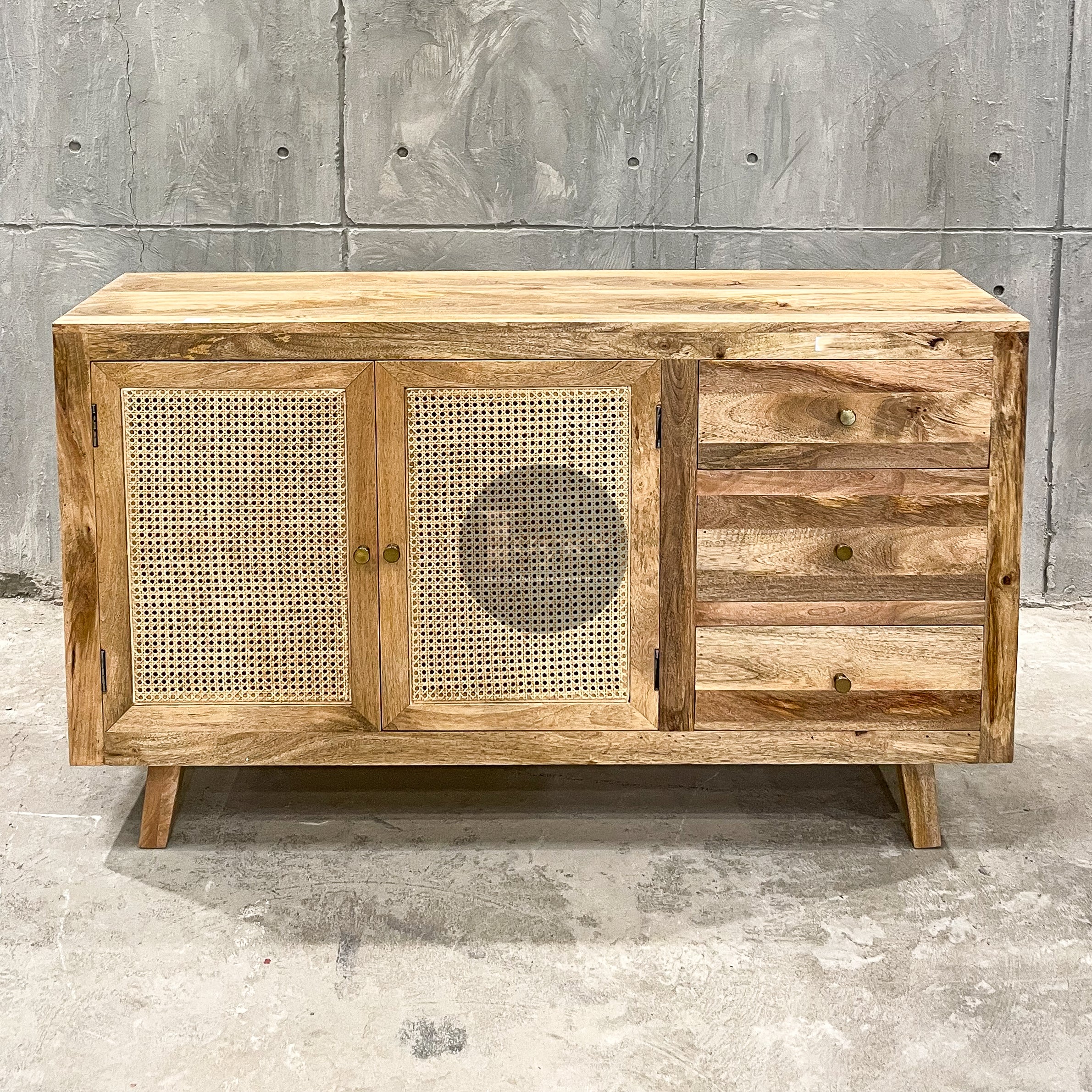Rattan and mango wood sideboard 3 draw 2 door.