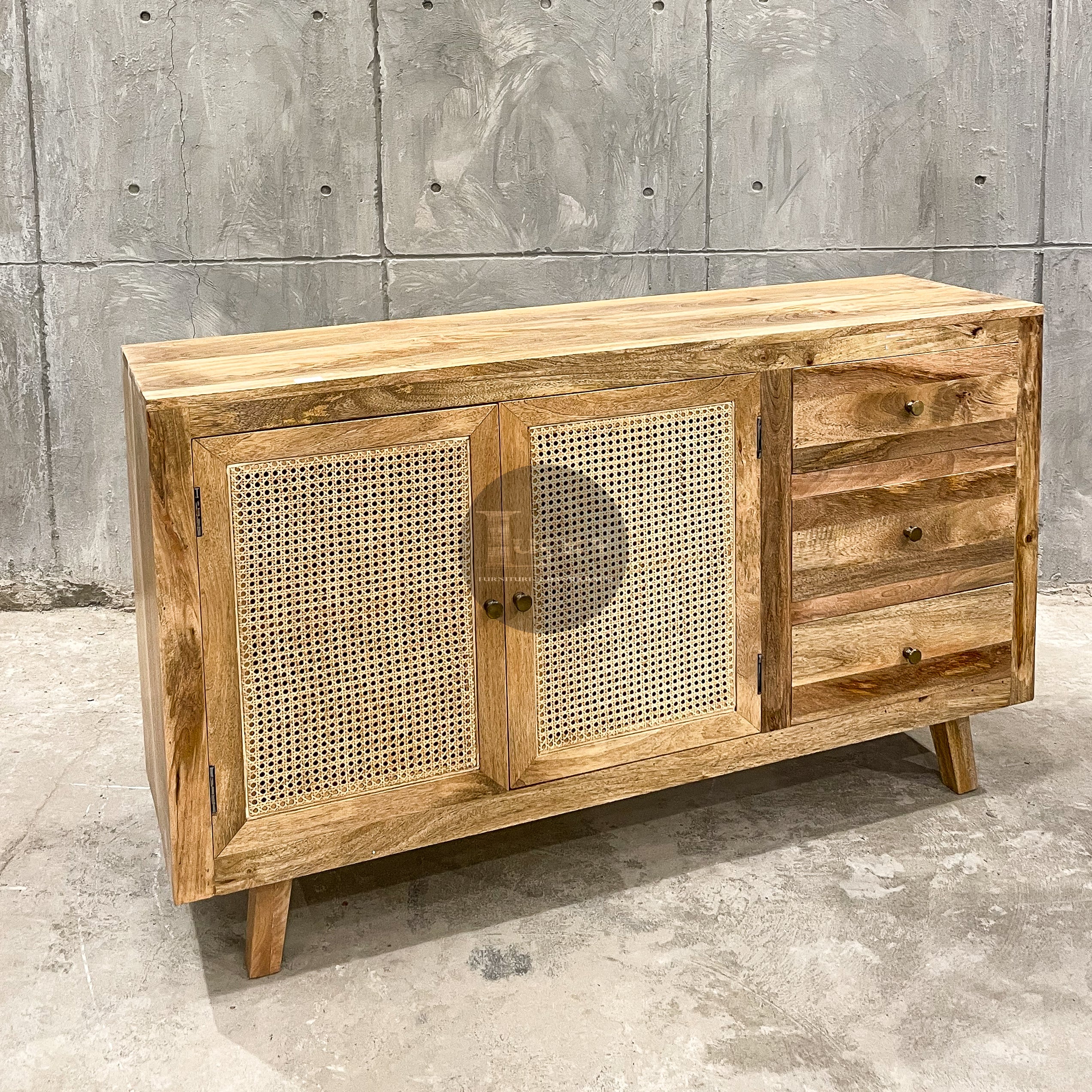 Rattan and mango wood sideboard 3 draw 2 door.