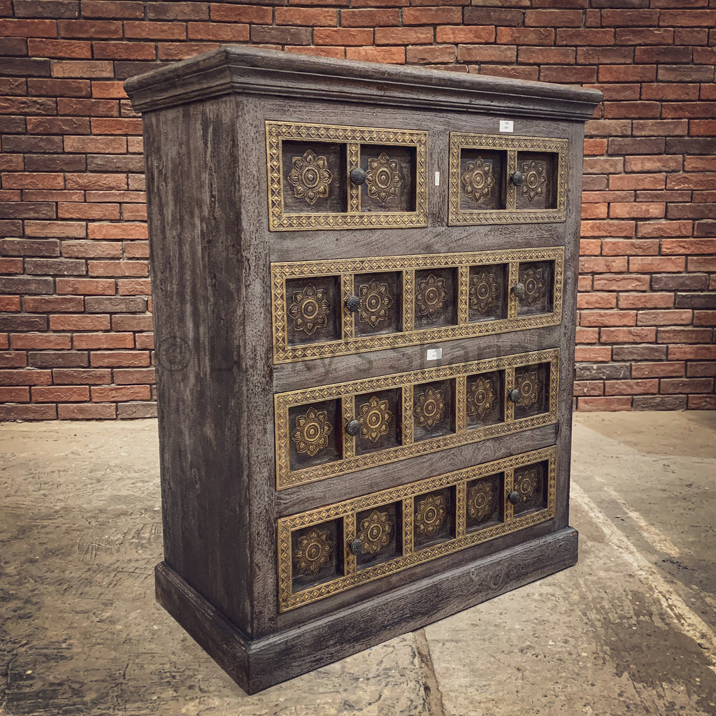 Grey Wash and Brass Inlay Drawchest | Lucky Furniture & Handicrafts.