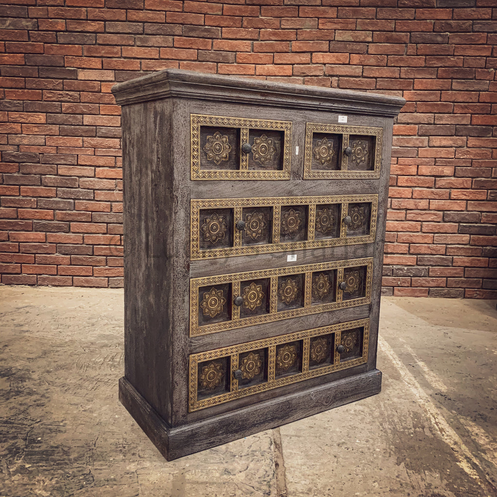 Grey Wash and Brass Inlay Drawchest | Lucky Furniture & Handicrafts.