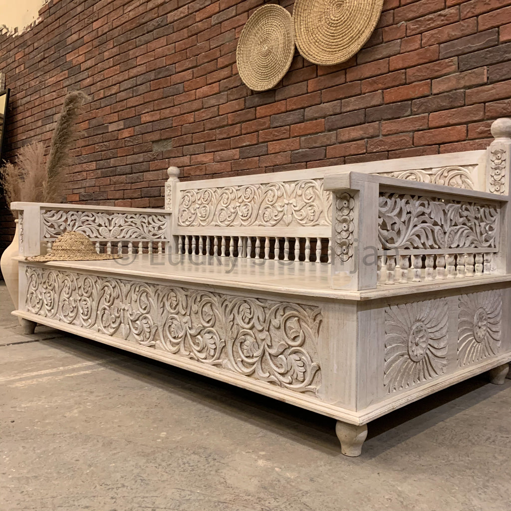Heavy Carved White Wash Daybed | Lucky Furniture & Handicrafts.