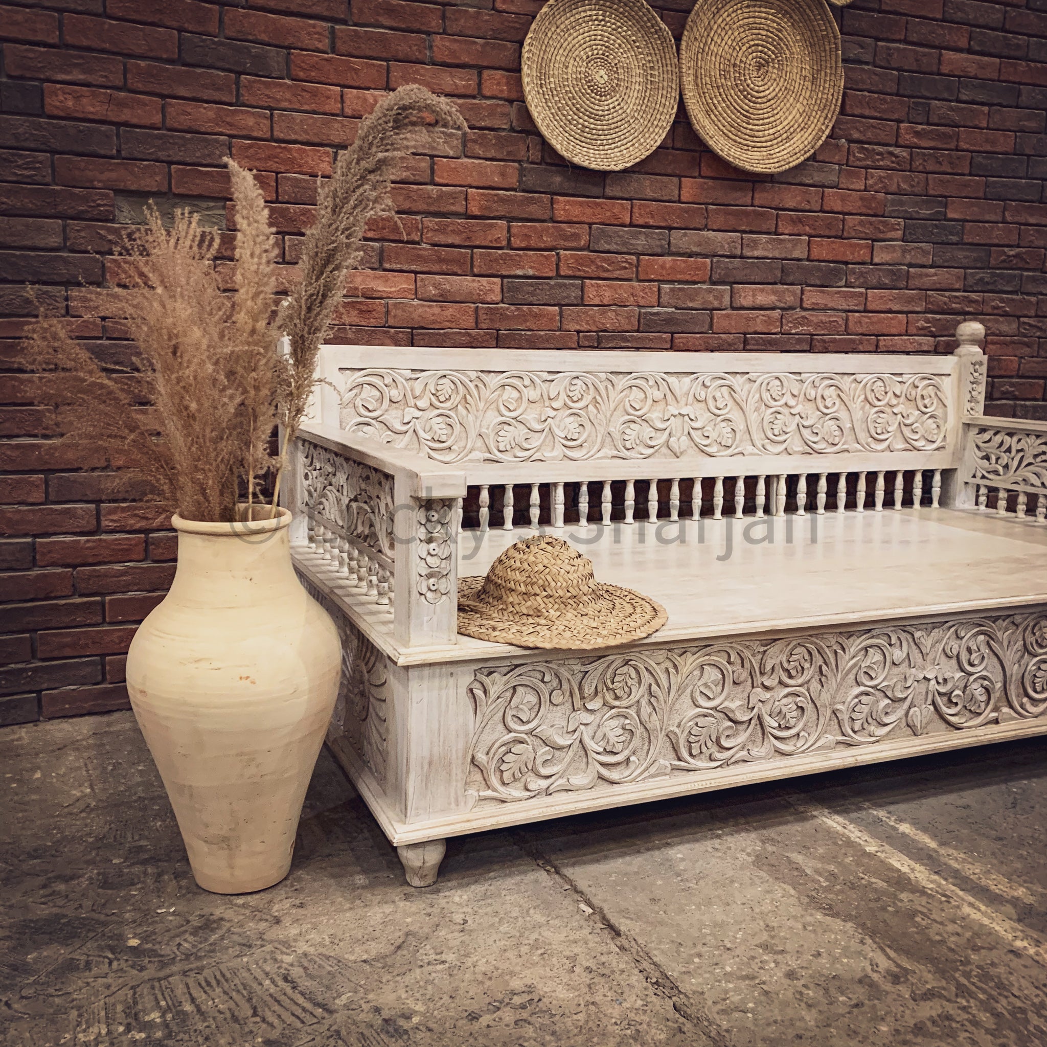 Heavy Carved White Wash Daybed | Lucky Furniture & Handicrafts.