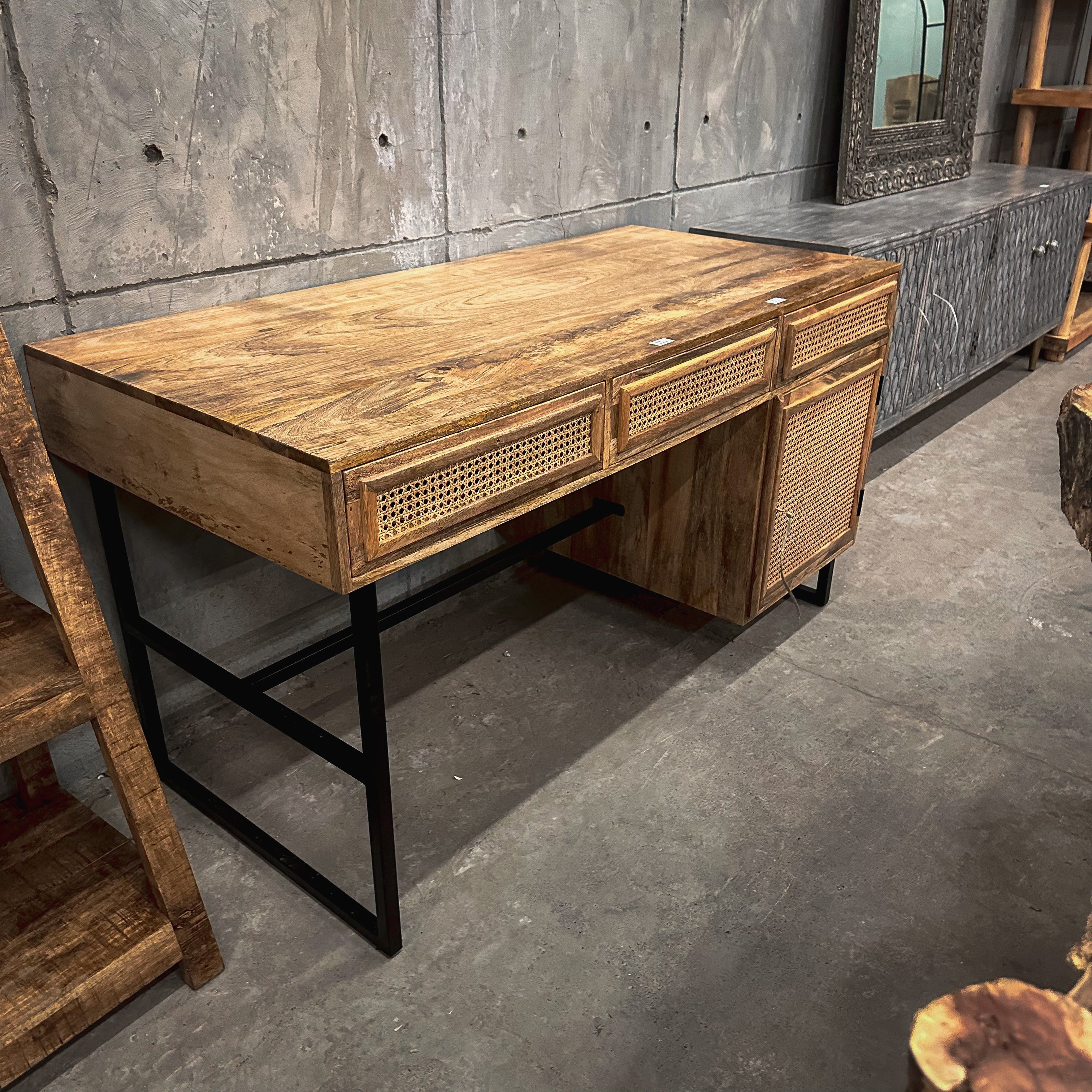 Rattan and mango wood desk.