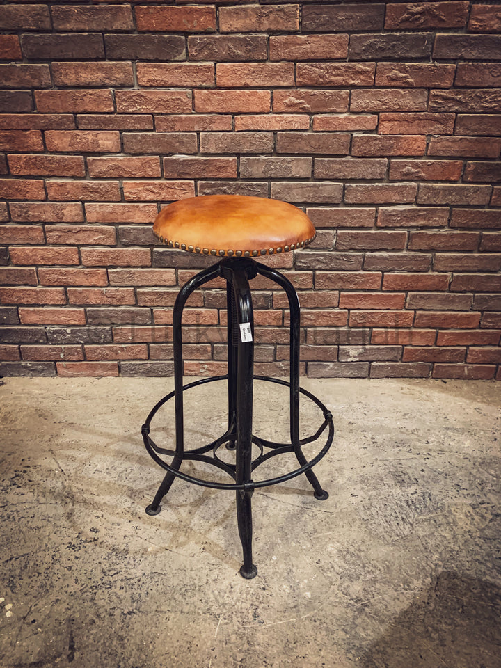 Tan brown brass studded leather bar stool | Lucky Furniture & Handicrafts.