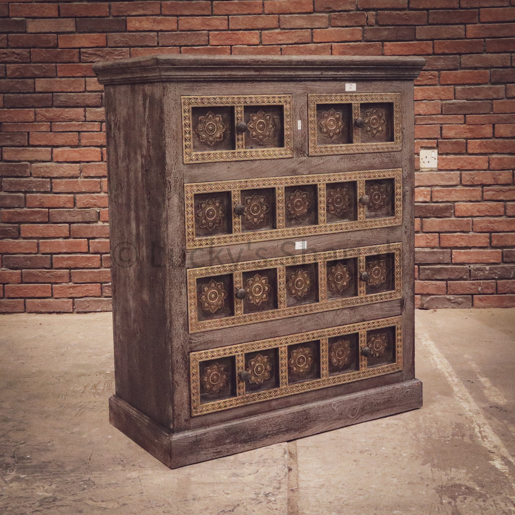 Grey Wash and Brass Inlay Drawchest | Lucky Furniture & Handicrafts.