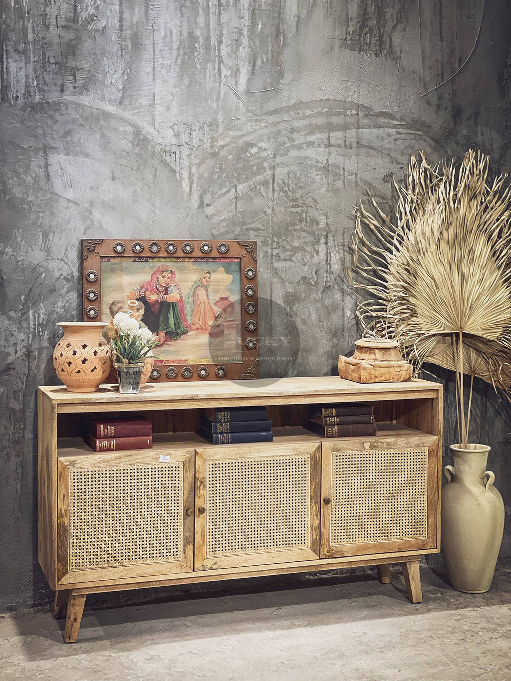 Rattan and mango wood 3 door sideboard.